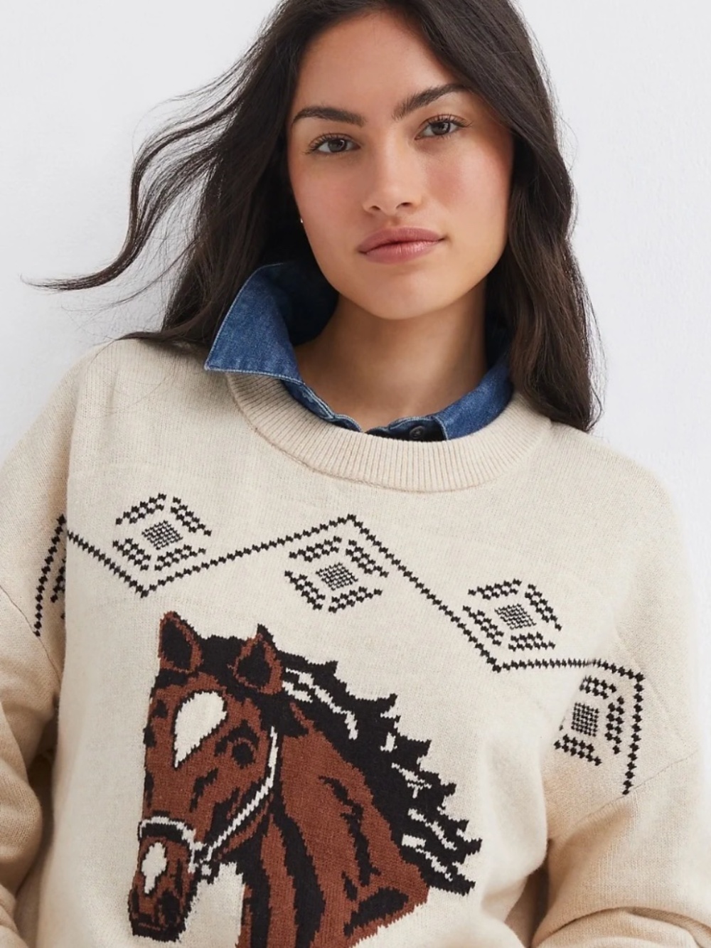 LOFT Cream Sweater with Brown & Black Horse Intarsia NWT